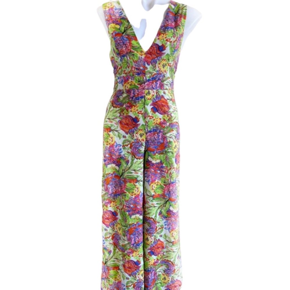 AKIRA Tropical Print V-Neck Open Back Jumpsuit